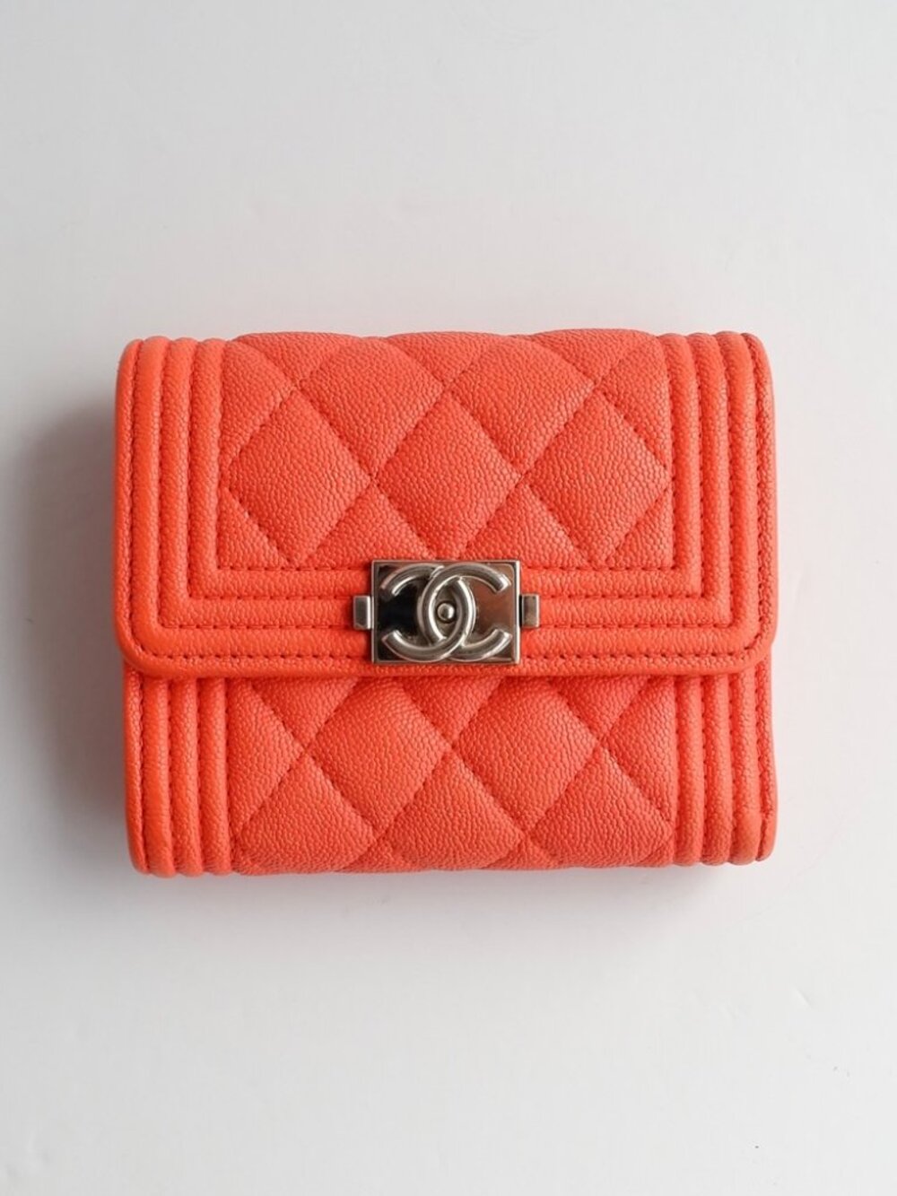 Authentic Preowned Chanel Orange Caviar Leather Boy Bi-Fold Wallet